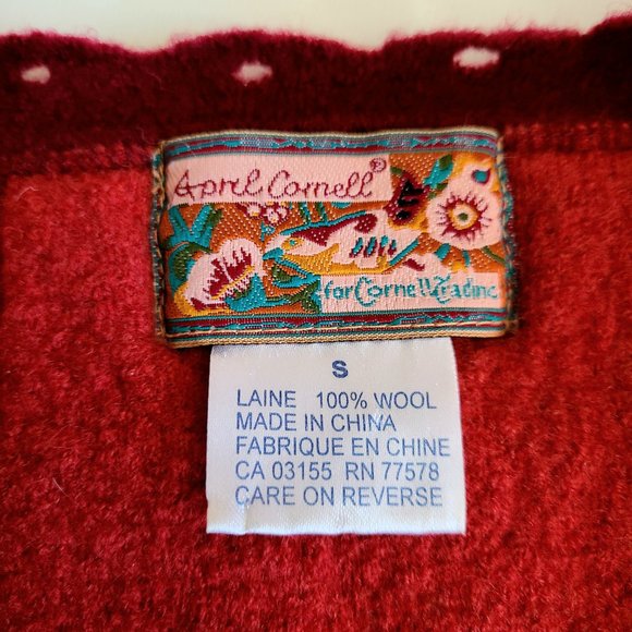 Vintage April Cornell red 100% wool sweater/cardigan with applique design. - Picture 6 of 9